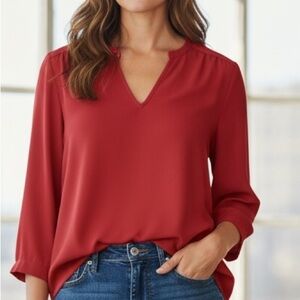 Karen Kane Women's V Neck Asymmetrical Rust Red Top Tunic Size S